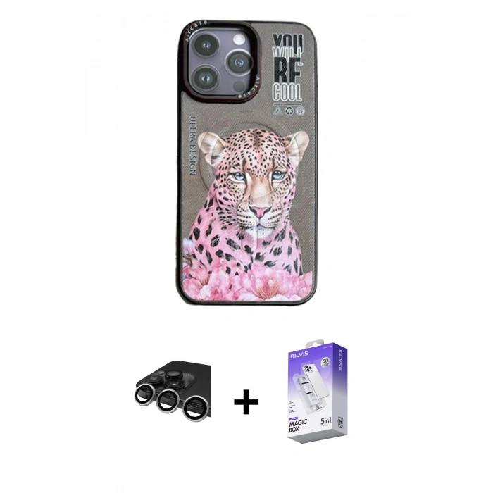 MARSİLYAN™- iPhone 14 Pro Max Kılıf Siluet Modern Özel Seri - Siyah Bilvis 5in1 3D Magic Cam Ekran Koruyucu + Gümüş Raze Metal Kamera Lens