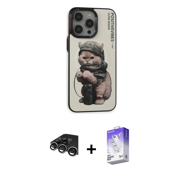 MARSİLYAN™- iPhone 14 Pro Max Kılıf Siluet Modern Özel Seri - Siyah Bilvis 5in1 3D Magic Cam Ekran Koruyucu + Gümüş Raze Metal Kamera Lens