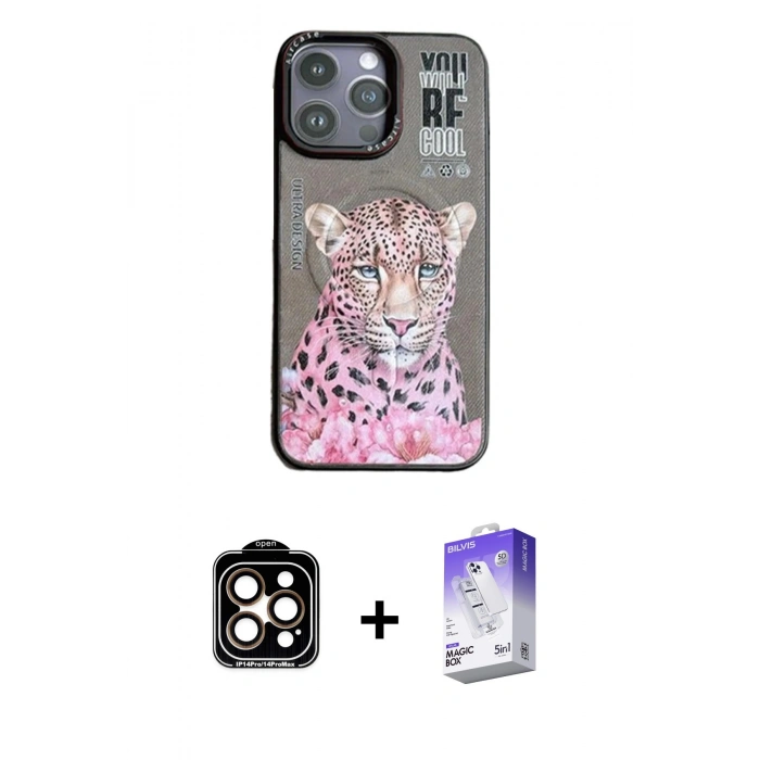 MARSİLYAN™- iPhone 14 Pro Max Kılıf Siluet Modern Özel Seri - Siyah Bilvis 5in1 3D Magic Cam Ekran Koruyucu + PVD Metal Kamera Lens - TU
