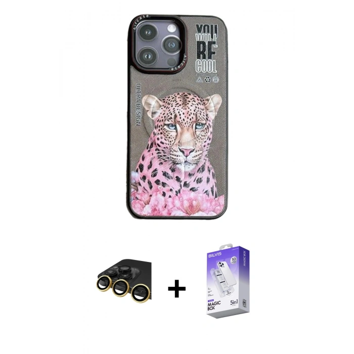 MARSİLYAN™- iPhone 14 Pro Max Kılıf Siluet Modern Özel Seri - Siyah Bilvis 5in1 3D Magic Cam Ekran Koruyucu + Gold Raze Metal Kamera Lens