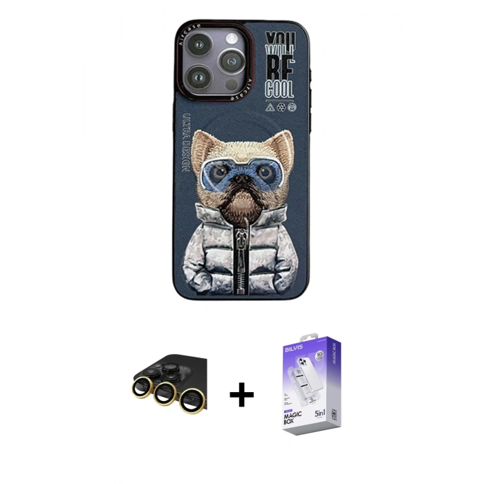 MARSİLYAN™- iPhone 14 Pro Max Kılıf Siluet Modern Özel Seri - Siyah Bilvis 5in1 3D Magic Cam Ekran Koruyucu + Gold Raze Metal Kamera Lens
