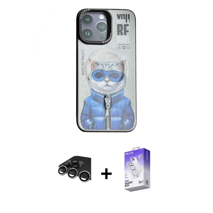 MARSİLYAN™- iPhone 14 Pro Max Kılıf Siluet Modern Özel Seri - Siyah Bilvis 5in1 3D Magic Cam Ekran Koruyucu + Gümüş Raze Metal Kamera Lens