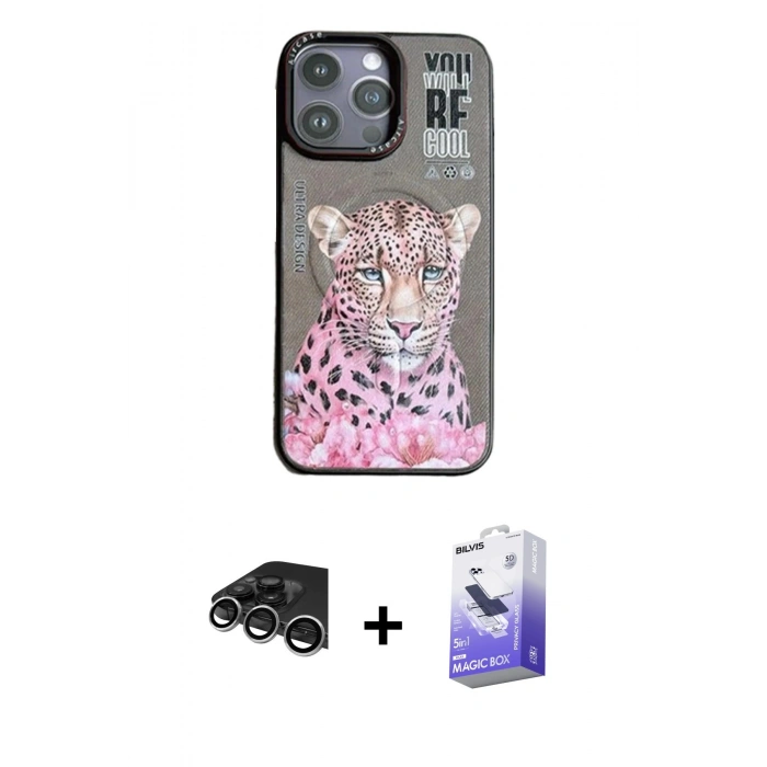 MARSİLYAN™- iPhone 14 Pro Max Kılıf Siluet Modern Özel Seri - Siyah Bilvis 5in1 5D Magic Hayalet Cam Ekran Koruyucu + Raze Metal Kamera Lens - GS