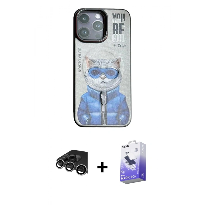 MARSİLYAN™- iPhone 14 Pro Max Kılıf Siluet Modern Özel Seri - Siyah Bilvis 5in1 5D Magic Hayalet Cam Ekran Koruyucu + Raze Metal Kamera Lens - GS