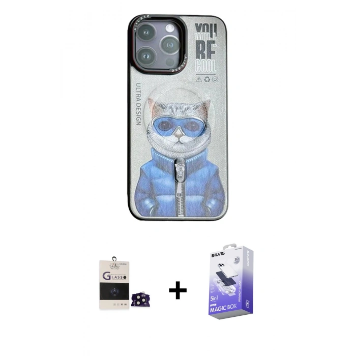 MARSİLYAN™- iPhone 14 Pro Max Kılıf Siluet Modern Özel Seri - Siyah Bilvis 5in1 5D Magic Hayalet Cam Ekran Koruyucu + Bilvis Titan Kamera Lens - SH