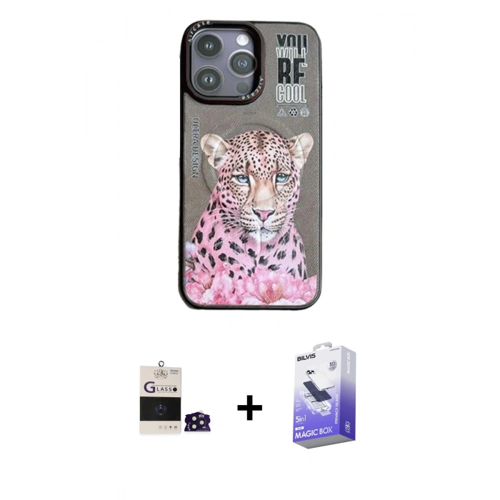 MARSİLYAN™- iPhone 14 Pro Max Kılıf Siluet Modern Özel Seri - Siyah Bilvis 5in1 5D Magic Hayalet Cam Ekran Koruyucu + Bilvis Titan Kamera Lens - DNMR