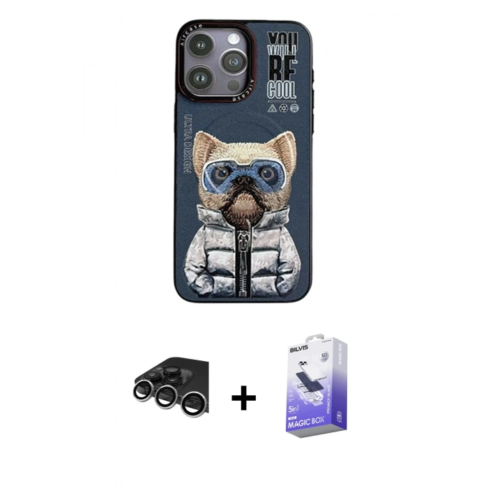 MARSİLYAN™- iPhone 14 Pro Max Kılıf Siluet Modern Özel Seri - Siyah Bilvis 5in1 5D Magic Hayalet Cam Ekran Koruyucu + Raze Metal Kamera Lens - GS