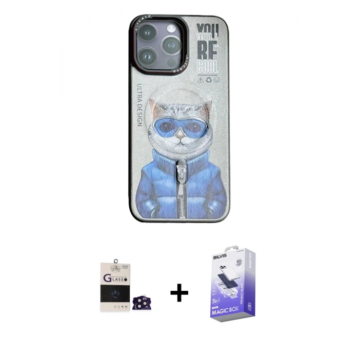 MARSİLYAN™- iPhone 14 Pro Max Kılıf Siluet Modern Özel Seri - Siyah Bilvis 5in1 5D Magic Hayalet Cam Ekran Koruyucu + Bilvis Titan Kamera Lens - DNMR