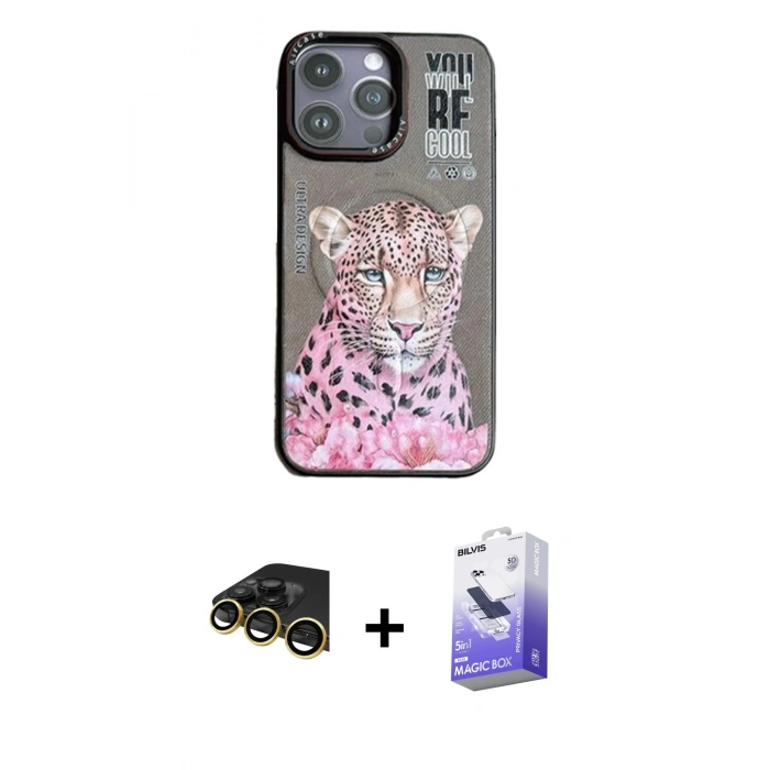 MARSİLYAN™- iPhone 14 Pro Max Kılıf Siluet Modern Özel Seri - Siyah Bilvis 5in1 5D Magic Hayalet Cam Ekran Koruyucu + Raze Metal Kamera Lens - GD