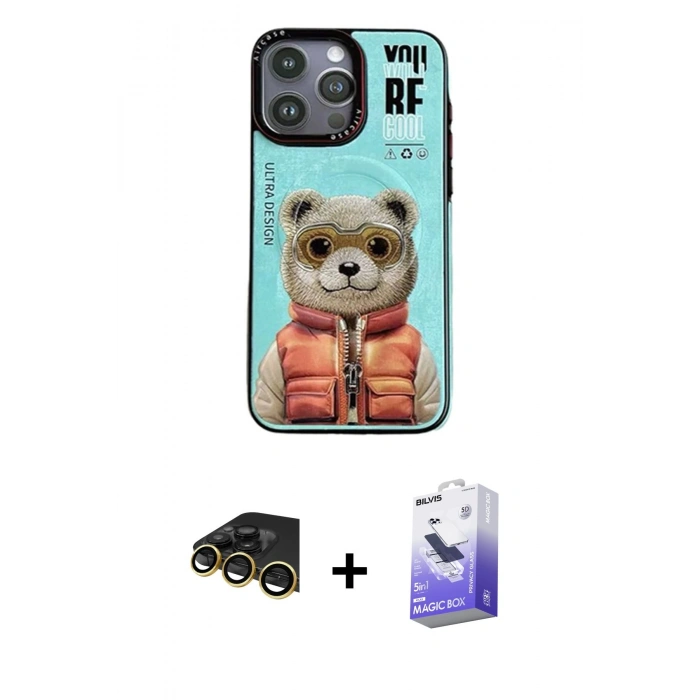 MARSİLYAN™- iPhone 14 Pro Max Kılıf Siluet Modern Özel Seri - Siyah Bilvis 5in1 5D Magic Hayalet Cam Ekran Koruyucu + Raze Metal Kamera Lens - GD
