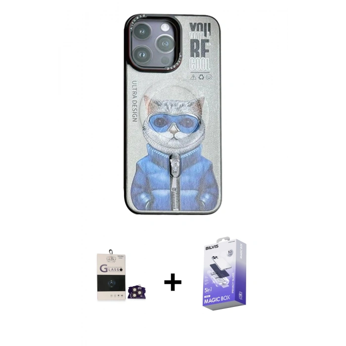 MARSİLYAN™- iPhone 14 Pro Max Kılıf Siluet Modern Özel Seri - Siyah Bilvis 5in1 5D Magic Hayalet Cam Ekran Koruyucu + Bilvis Titan Kamera Lens - GD