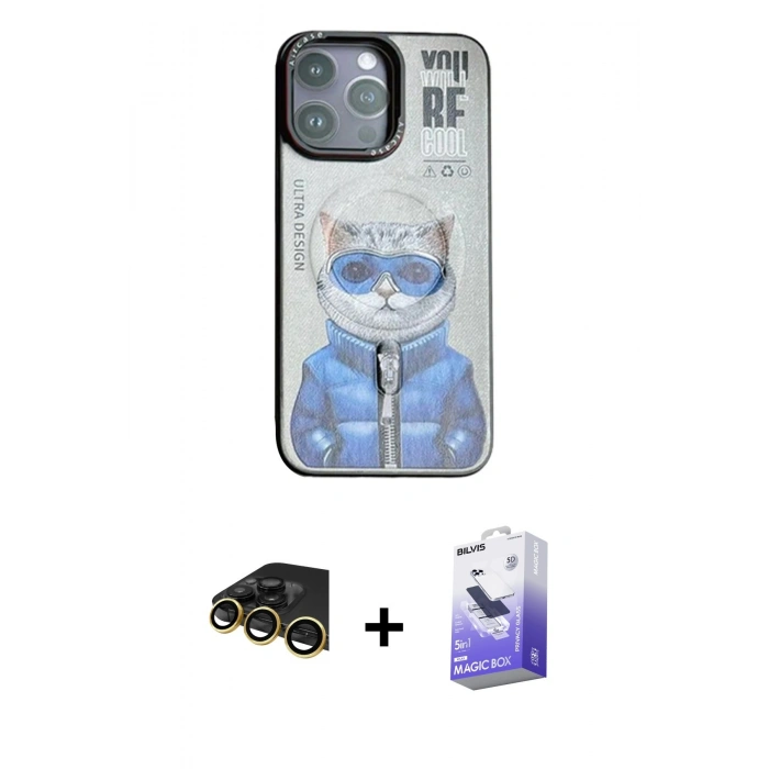 MARSİLYAN™- iPhone 14 Pro Max Kılıf Siluet Modern Özel Seri - Siyah Bilvis 5in1 5D Magic Hayalet Cam Ekran Koruyucu + Raze Metal Kamera Lens - GD