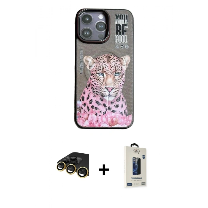 MARSİLYAN™- iPhone 14 Pro Max Kılıf Siluet Modern Özel Seri - Siyah Bilvis Hayalet Cam Ekran Koruyucu + Gold Raze Metal Kamera Lens