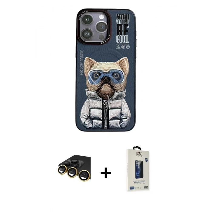 MARSİLYAN™- iPhone 14 Pro Max Kılıf Siluet Modern Özel Seri - Siyah Bilvis Hayalet Cam Ekran Koruyucu + Gold Raze Metal Kamera Lens