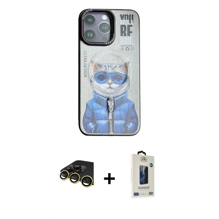 MARSİLYAN™- iPhone 14 Pro Max Kılıf Siluet Modern Özel Seri - Siyah Bilvis Hayalet Cam Ekran Koruyucu + Gold Raze Metal Kamera Lens