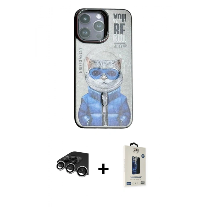 MARSİLYAN™- iPhone 14 Pro Max Kılıf Siluet Modern Özel Seri - Siyah Bilvis Hayalet Cam Ekran Koruyucu + Raze Metal Kamera Lens - GS