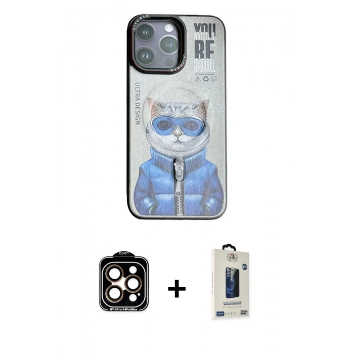 MARSİLYAN™- iPhone 14 Pro Max Kılıf Siluet Modern Özel Seri - Siyah Bilvis Hayalet Cam Ekran Koruyucu + PVD Metal Kamera Lens - TU