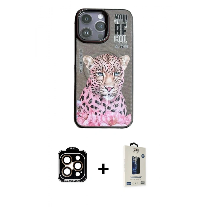 MARSİLYAN™- iPhone 14 Pro Max Kılıf Siluet Modern Özel Seri - Siyah Bilvis Hayalet Cam Ekran Koruyucu + PVD Metal Kamera Lens - TU