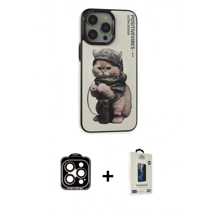 MARSİLYAN™- iPhone 14 Pro Max Kılıf Siluet Modern Özel Seri - Siyah Bilvis Hayalet Cam Ekran Koruyucu + PVD Metal Kamera Lens - TU