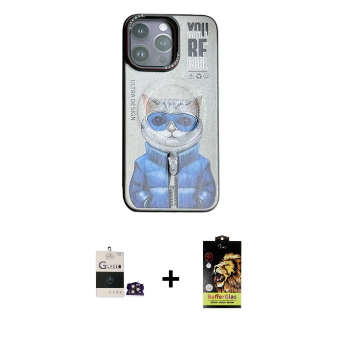 MARSİLYAN™- iPhone 14 Pro Max Kılıf Siluet Modern Özel Seri - Siyah Buffer Cam Ekran Koruyucu + Gold Bilvis Titan Kamera Lens