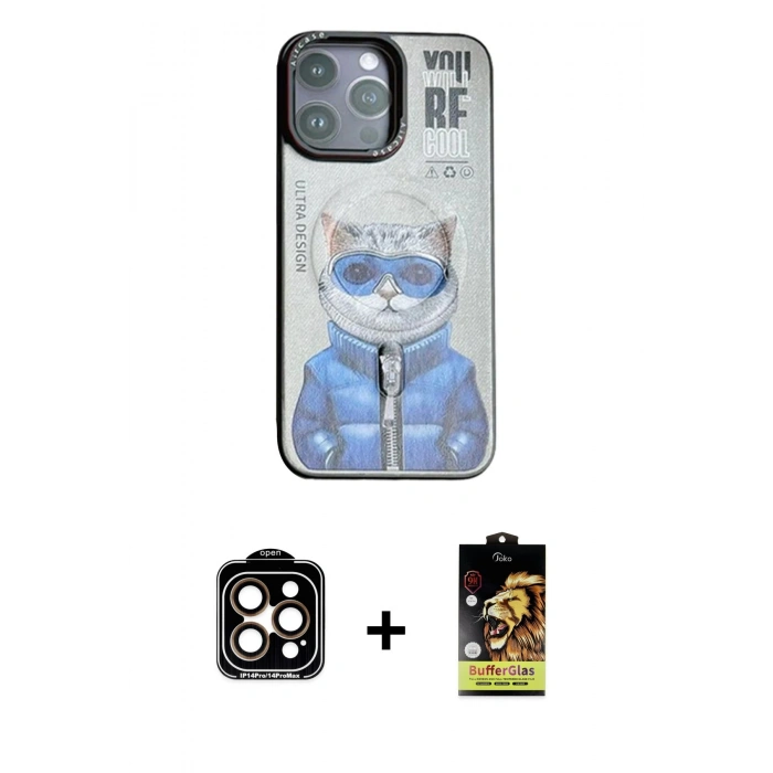 MARSİLYAN™- iPhone 14 Pro Max Kılıf Siluet Modern Özel Seri - Siyah Buffer Cam Ekran Koruyucu + PVD Metal Kamera Lens - TU