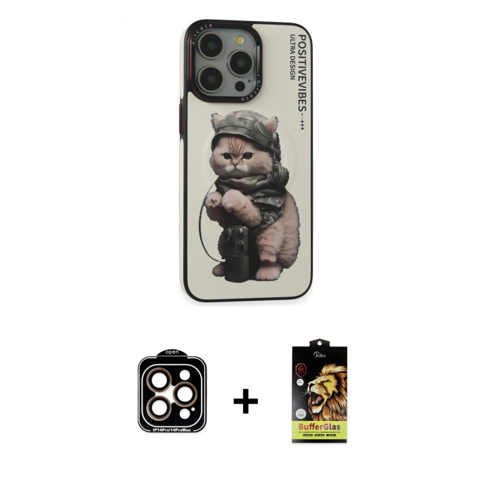 MARSİLYAN™- iPhone 14 Pro Max Kılıf Siluet Modern Özel Seri - Siyah Buffer Cam Ekran Koruyucu + PVD Metal Kamera Lens - TU