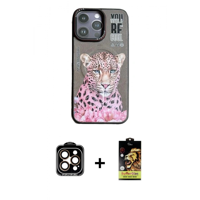 MARSİLYAN™- iPhone 14 Pro Max Kılıf Siluet Modern Özel Seri - Siyah Buffer Cam Ekran Koruyucu + PVD Metal Kamera Lens - TU