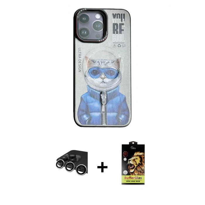 MARSİLYAN™- iPhone 14 Pro Max Kılıf Siluet Modern Özel Seri - Siyah Buffer Cam Ekran Koruyucu + Raze Metal Kamera Lens - GS