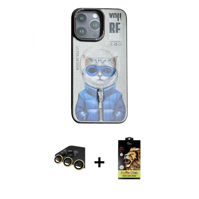 MARSİLYAN™- iPhone 14 Pro Max Kılıf Siluet Modern Özel Seri - Siyah Buffer Cam Ekran Koruyucu + Raze Metal Kamera Lens - GD