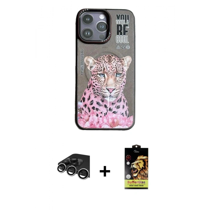 MARSİLYAN™- iPhone 14 Pro Max Kılıf Siluet Modern Özel Seri - Siyah Buffer Cam Ekran Koruyucu + Raze Metal Kamera Lens - GS