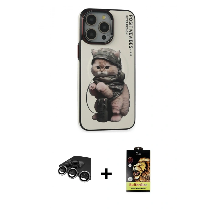 MARSİLYAN™- iPhone 14 Pro Max Kılıf Siluet Modern Özel Seri - Siyah Buffer Cam Ekran Koruyucu + Raze Metal Kamera Lens - GS