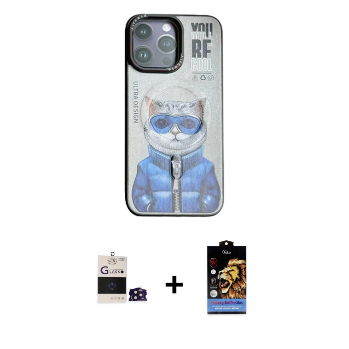 MARSİLYAN™- iPhone 14 Pro Max Kılıf Siluet Modern Özel Seri - Siyah Buffer Hayalet Cam Ekran Koruyucu + Derin Mor Bilvis Titan Kamera Lens