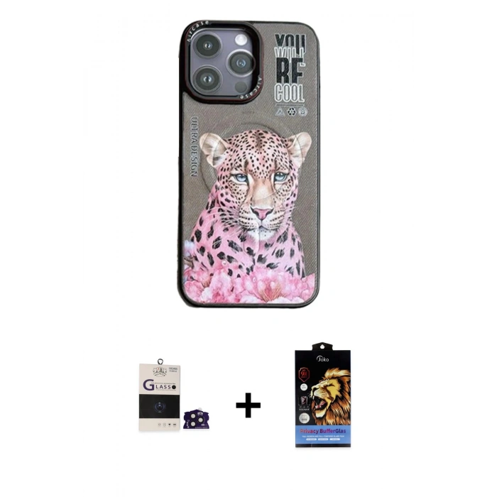 MARSİLYAN™- iPhone 14 Pro Max Kılıf Siluet Modern Özel Seri - Siyah Buffer Hayalet Cam Ekran Koruyucu + Derin Mor Bilvis Titan Kamera Lens