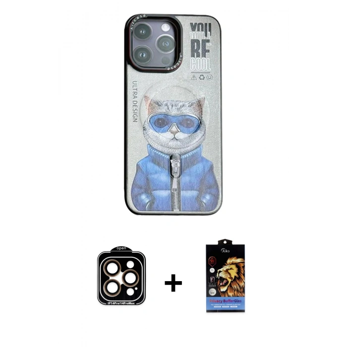 MARSİLYAN™- iPhone 14 Pro Max Kılıf Siluet Modern Özel Seri - Siyah Buffer Hayalet Cam Ekran Koruyucu + PVD Metal Kamera Lens - TU