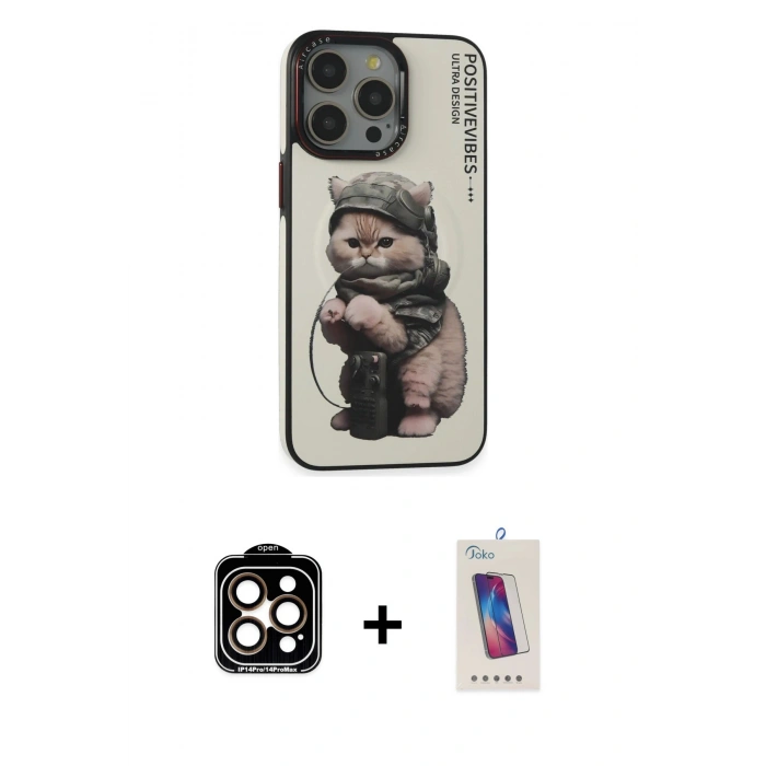 MARSİLYAN™- iPhone 14 Pro Max Kılıf Siluet Modern Özel Seri - Siyah Joko 5D Cam + Turuncu PVD Metal Kamera Lens