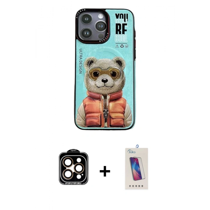 MARSİLYAN™- iPhone 14 Pro Max Kılıf Siluet Modern Özel Seri - Siyah Joko 5D Cam + Turuncu PVD Metal Kamera Lens