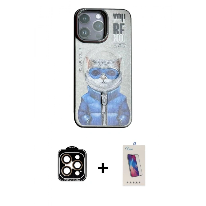 MARSİLYAN™- iPhone 14 Pro Max Kılıf Siluet Modern Özel Seri - Siyah Joko 5D Cam + Turuncu PVD Metal Kamera Lens