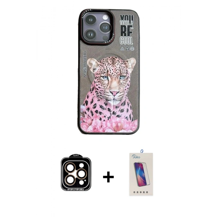 MARSİLYAN™- iPhone 14 Pro Max Kılıf Siluet Modern Özel Seri - Siyah Joko 5D Cam + Turuncu PVD Metal Kamera Lens