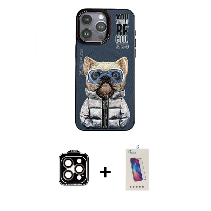 MARSİLYAN™- iPhone 14 Pro Max Kılıf Siluet Modern Özel Seri - Siyah Joko 5D Cam + Turuncu PVD Metal Kamera Lens