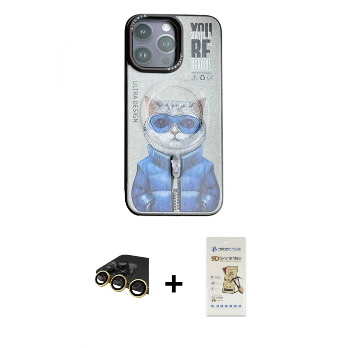 MARSİLYAN™- iPhone 14 Pro Max Kılıf Siluet Modern Özel Seri - Siyah Mat Seramik Nano Ekran Koruyucu + Raze Metal Kamera Lens - GD