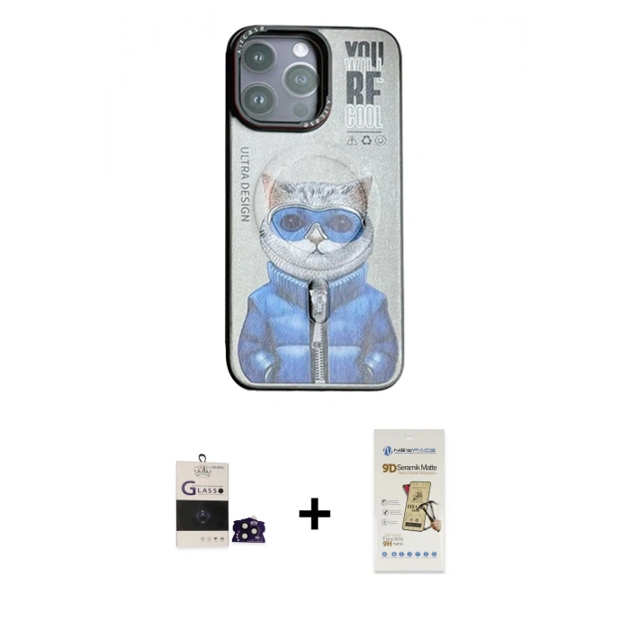 MARSİLYAN™- iPhone 14 Pro Max Kılıf Siluet Modern Özel Seri - Siyah Mat Seramik Nano Ekran Koruyucu + Bilvis Titan Kamera Lens - SH