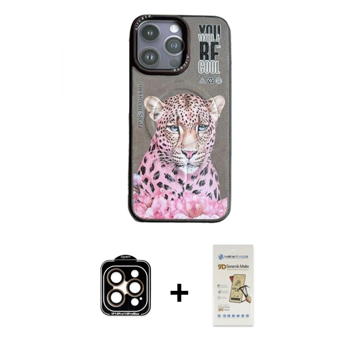 MARSİLYAN™- iPhone 14 Pro Max Kılıf Siluet Modern Özel Seri - Siyah Mat Seramik Nano Ekran Koruyucu + PVD Metal Kamera Lens - TU