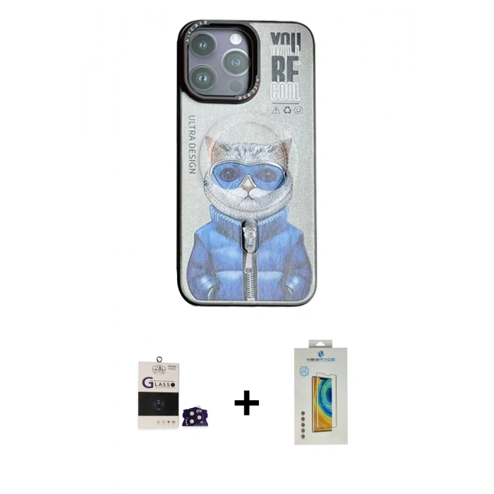 MARSİLYAN™- iPhone 14 Pro Max Kılıf Siluet Modern Özel Seri - Siyah Polymer Nano Ekran Koruyucu + Derin Mor Bilvis Titan Kamera Lens