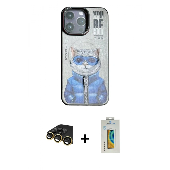 MARSİLYAN™- iPhone 14 Pro Max Kılıf Siluet Modern Özel Seri - Siyah Polymer Nano Ekran Koruyucu + Raze Metal Kamera Lens - GD