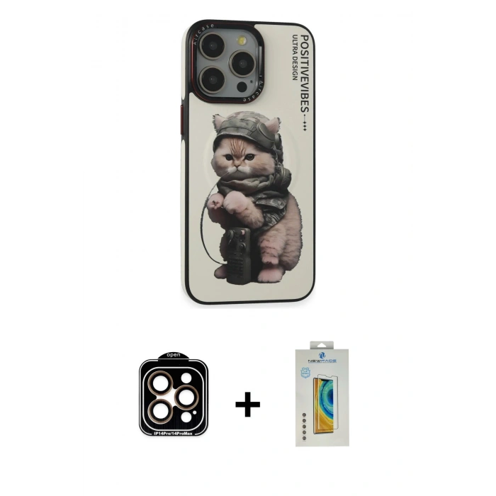 MARSİLYAN™- iPhone 14 Pro Max Kılıf Siluet Modern Özel Seri - Siyah Polymer Nano Ekran Koruyucu + PVD Metal Kamera Lens - TU