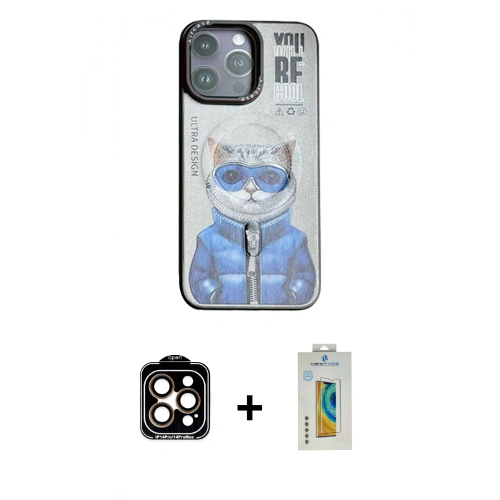 MARSİLYAN™- iPhone 14 Pro Max Kılıf Siluet Modern Özel Seri - Siyah Polymer Nano Ekran Koruyucu + PVD Metal Kamera Lens - TU