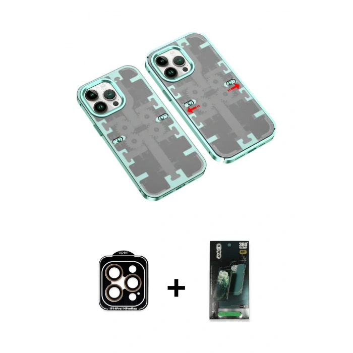 MARSİLYAN™- iPhone 14 Pro Max Kılıf Ufuk Doku Prime - Şeffaf 360 Full Body Arka Koruyucu + PVD Metal Kamera Lens - TU