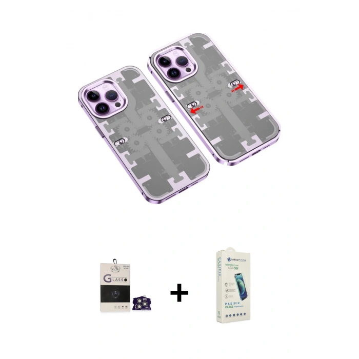 MARSİLYAN™- iPhone 14 Pro Max Kılıf Ufuk Doku Prime - Şeffaf Pasifik Cam Ekran Koruyucu + Bilvis Titan Kamera Lens - GS