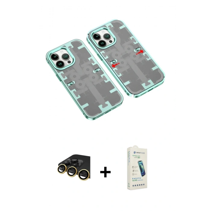 MARSİLYAN™- iPhone 14 Pro Max Kılıf Ufuk Doku Prime - Şeffaf Pasifik Cam Ekran Koruyucu + Raze Metal Kamera Lens - GD