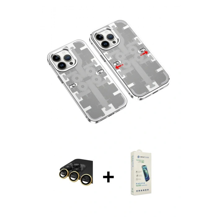 MARSİLYAN™- iPhone 14 Pro Max Kılıf Ufuk Doku Prime - Şeffaf Pasifik Cam Ekran Koruyucu + Raze Metal Kamera Lens - GD